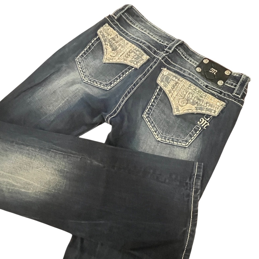 Miss Me Signature Bootcut Embellished Flap Pocket Dark Wash Jeans Women Sz30NWOT